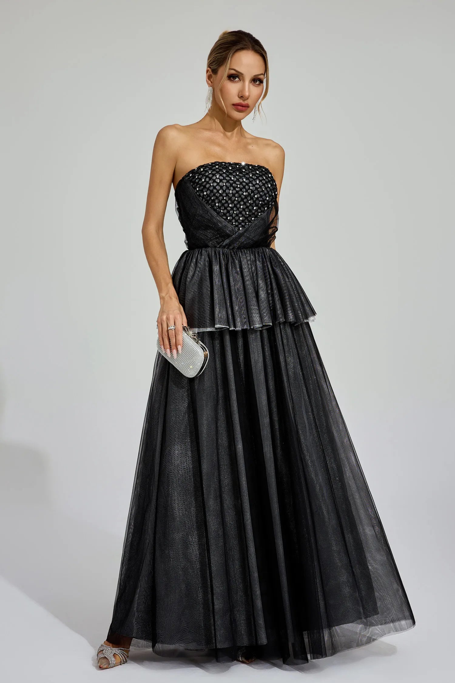 Wilna Black Mesh Off Shoulder Maxi Dress