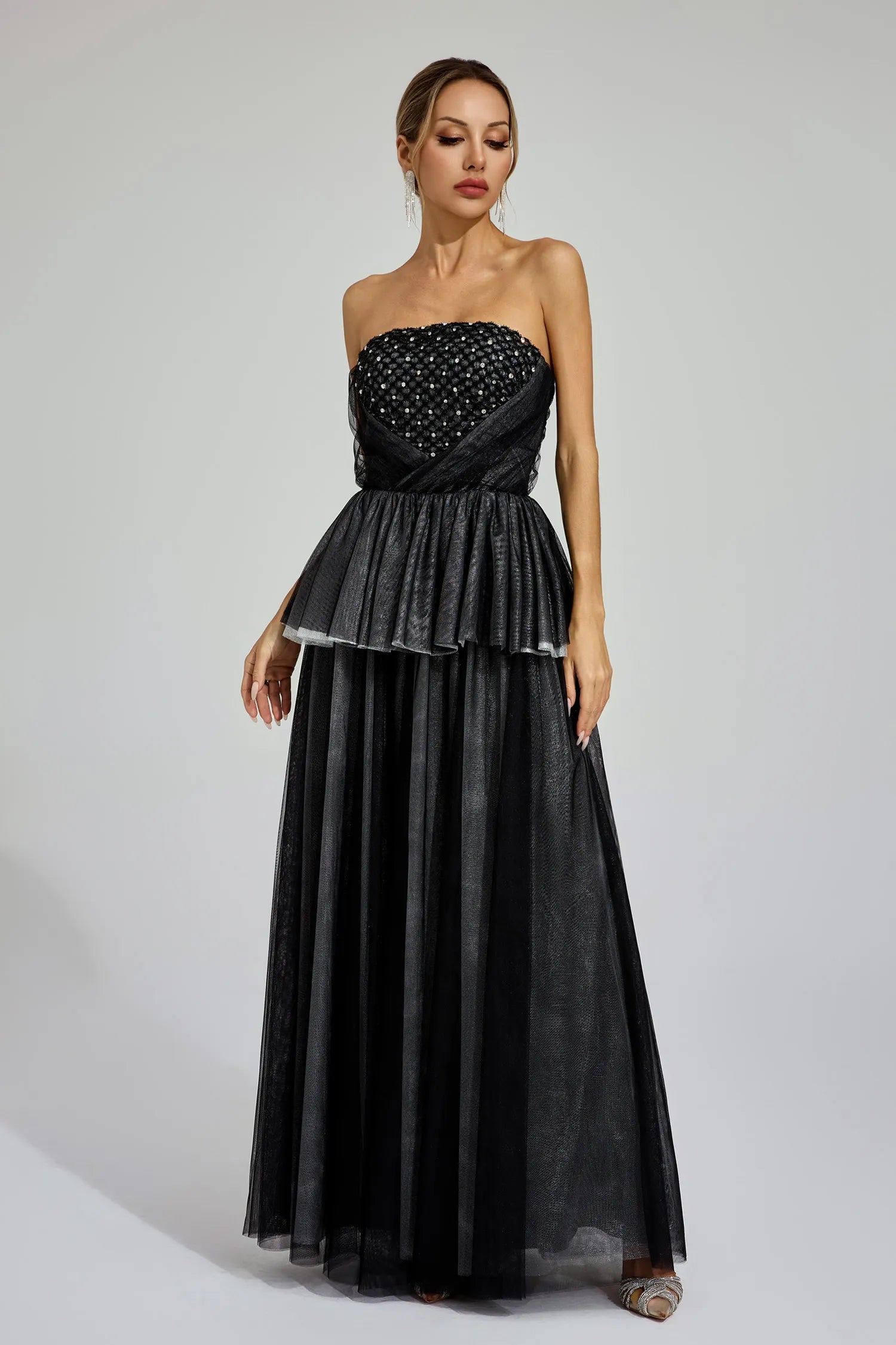 Wilna Black Mesh Off Shoulder Maxi Dress
