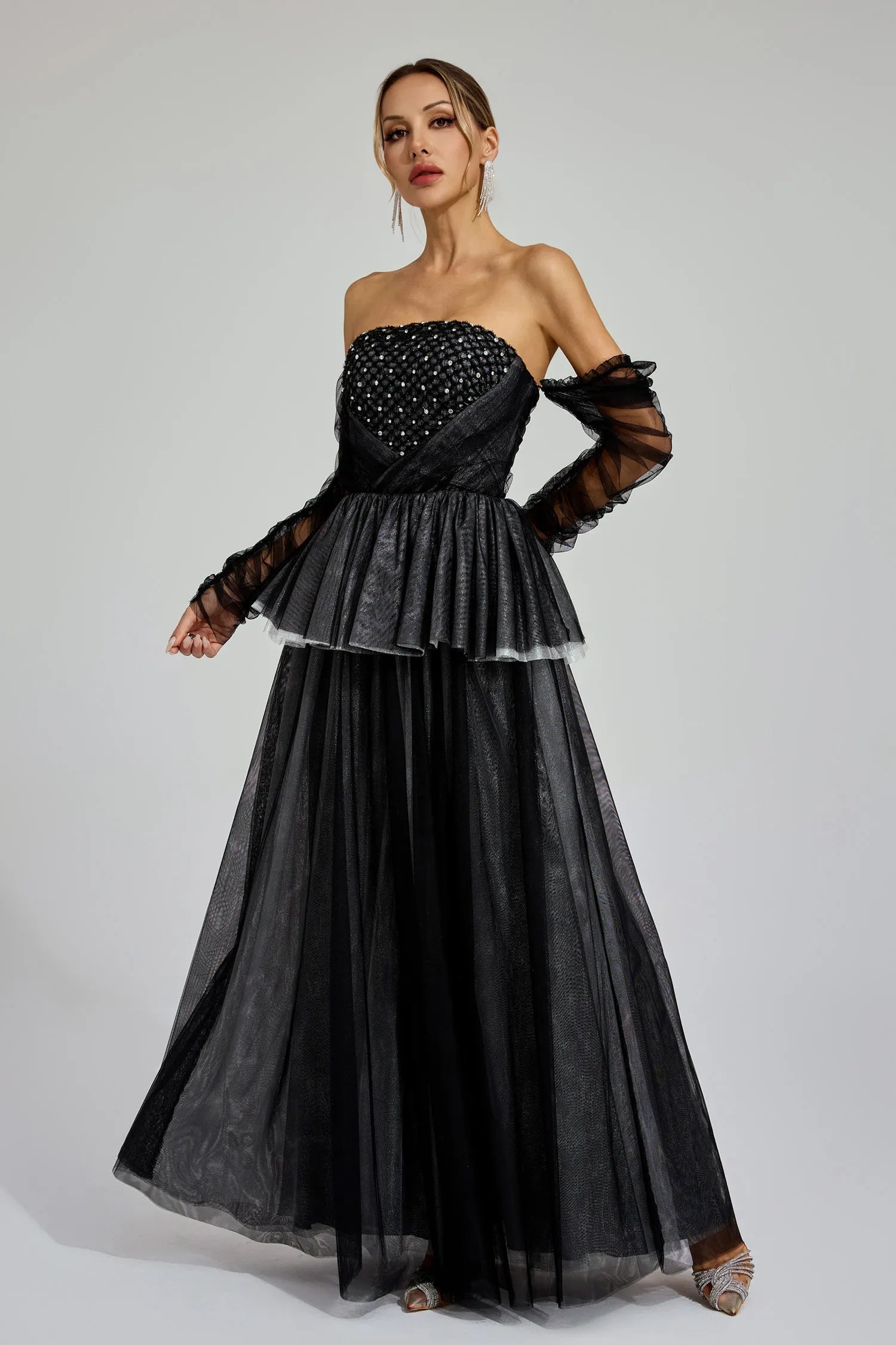Wilna Black Mesh Off Shoulder Maxi Dress