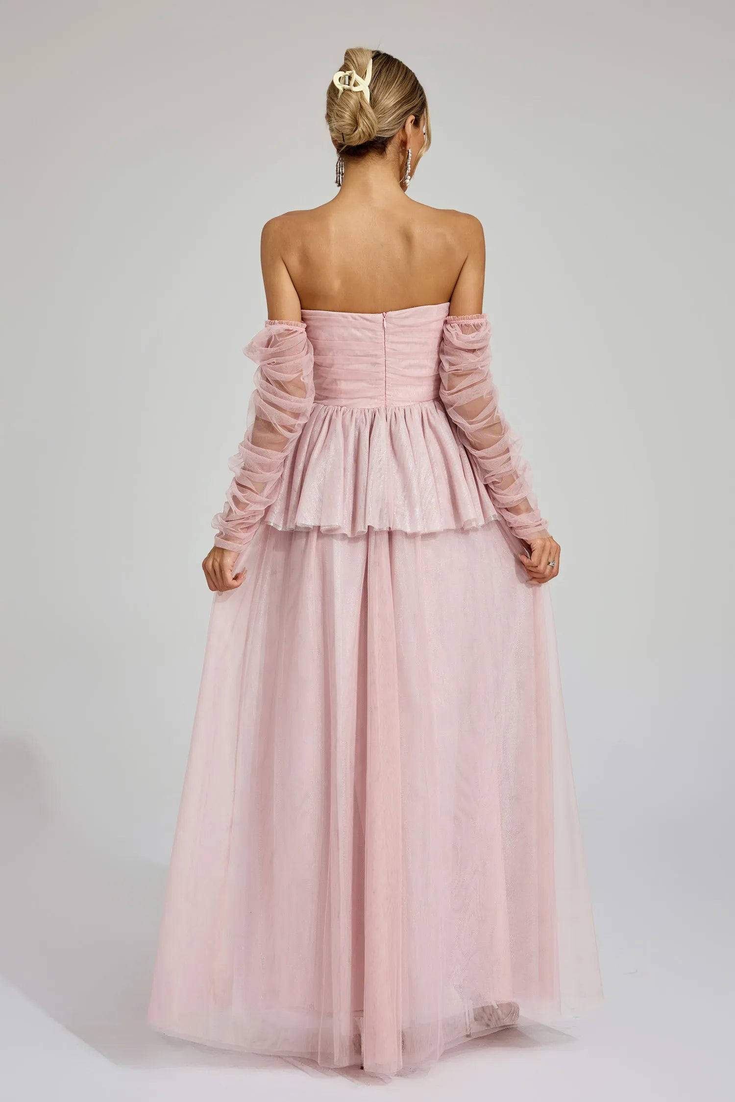 Wilna Pink Mesh Off Shoulder Maxi Dress