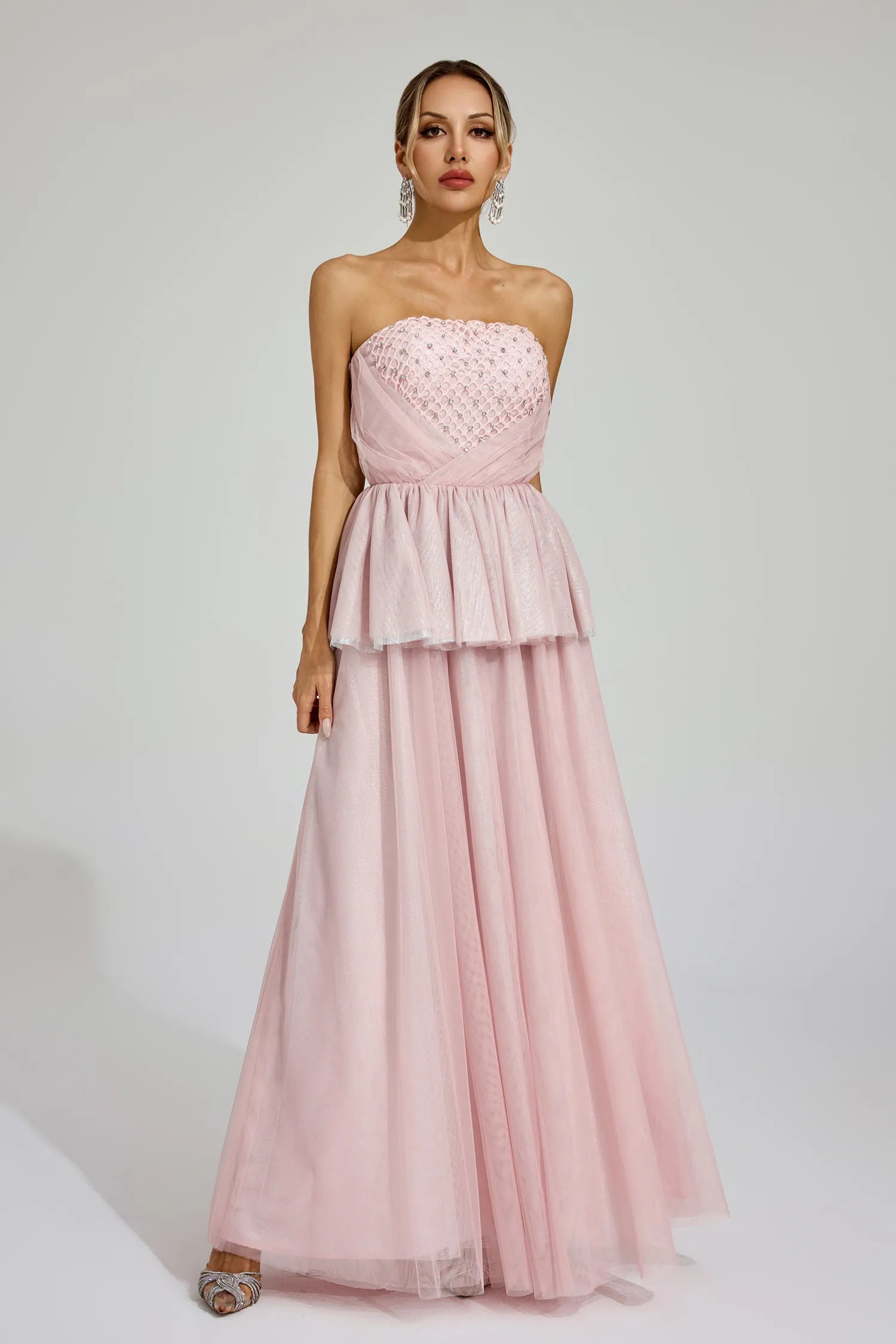 Wilna Pink Mesh Off Shoulder Maxi Dress