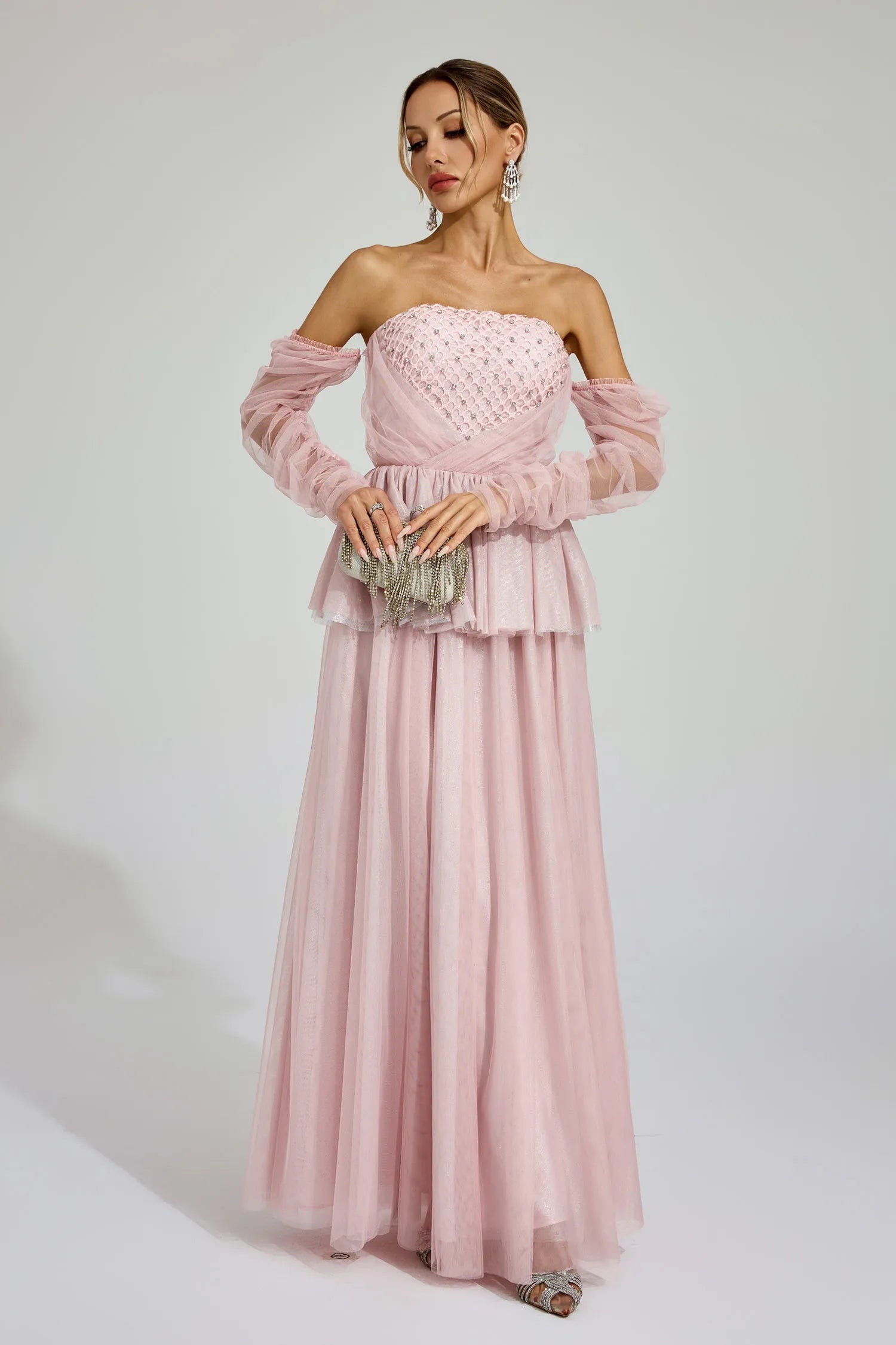 Wilna Pink Mesh Off Shoulder Maxi Dress