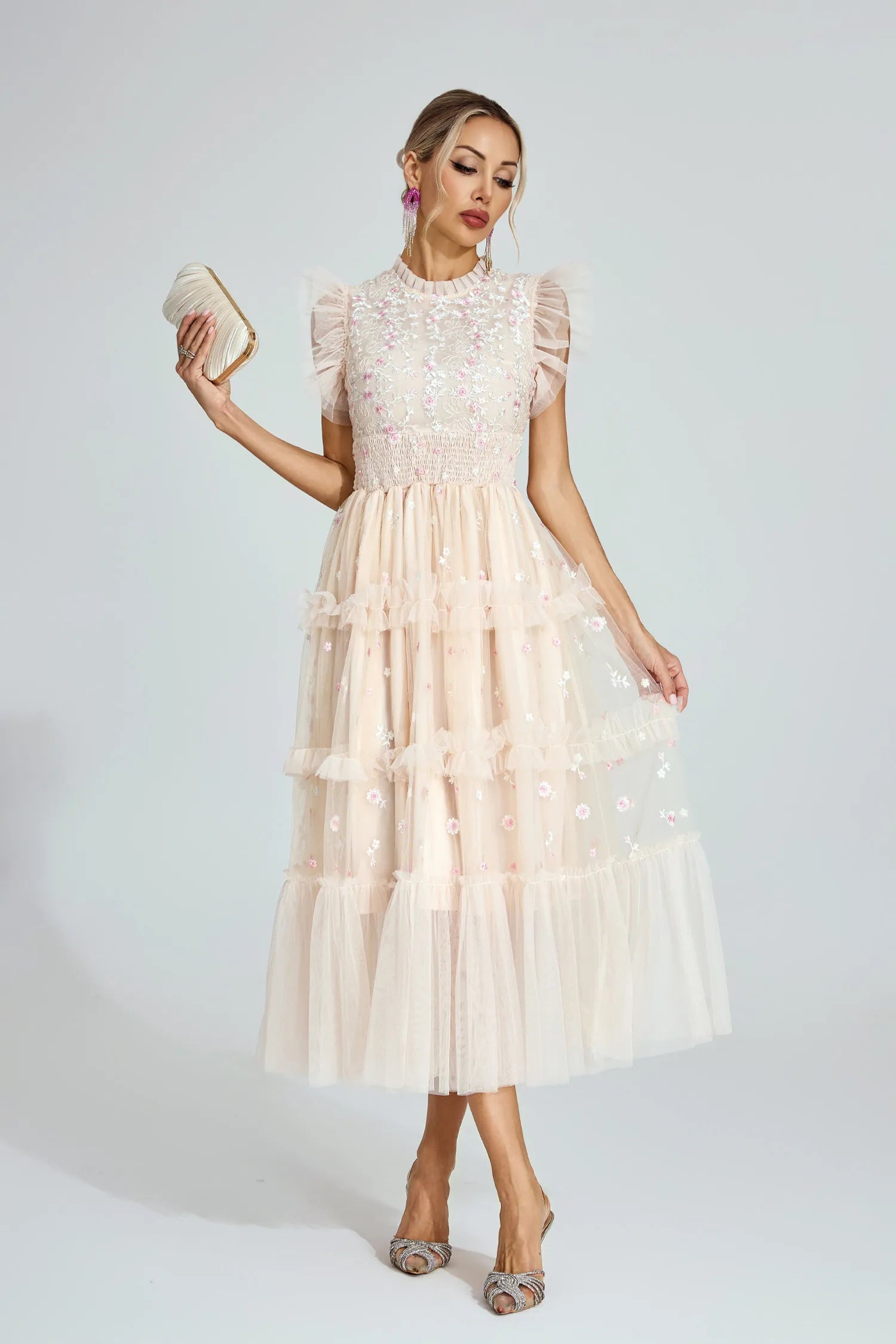 Daisy Apricot Embroidered Tulle Maxi Dress