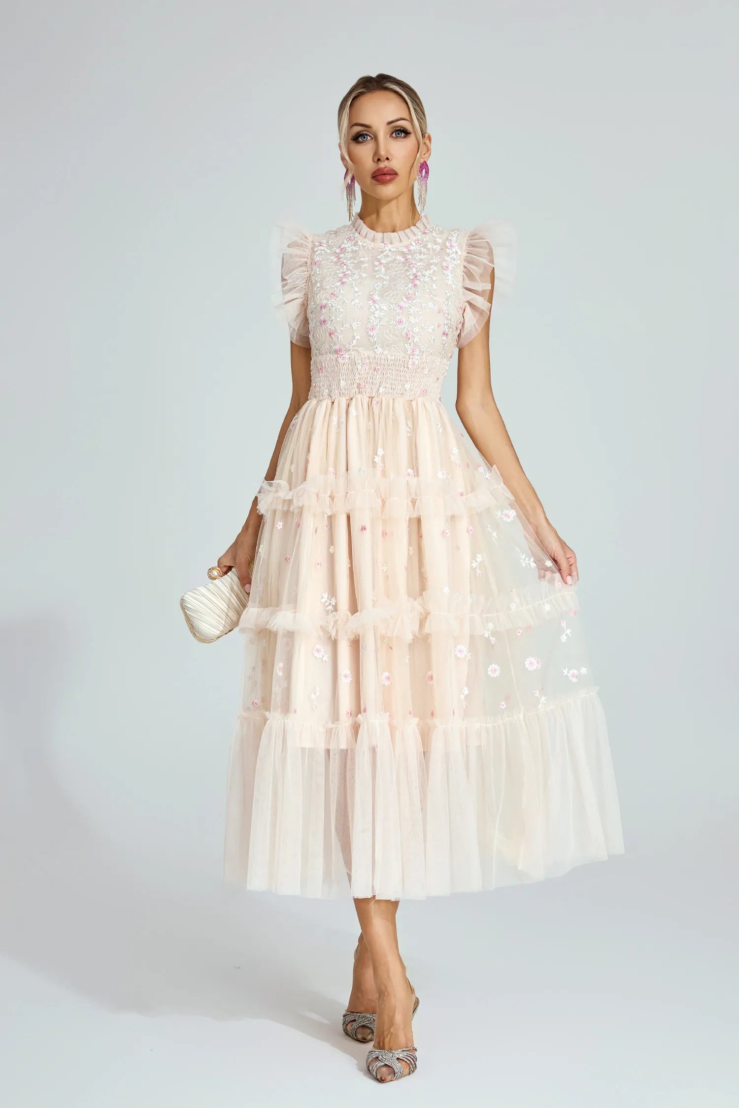 Shirley Apricot Embroidered Tulle Maxi Dress