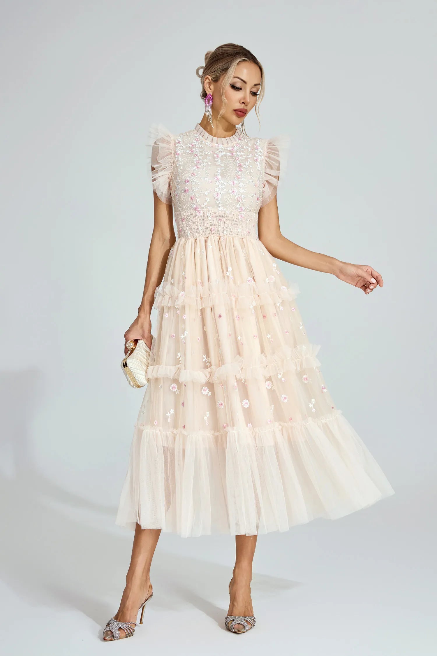 Daisy Apricot Embroidered Tulle Maxi Dress