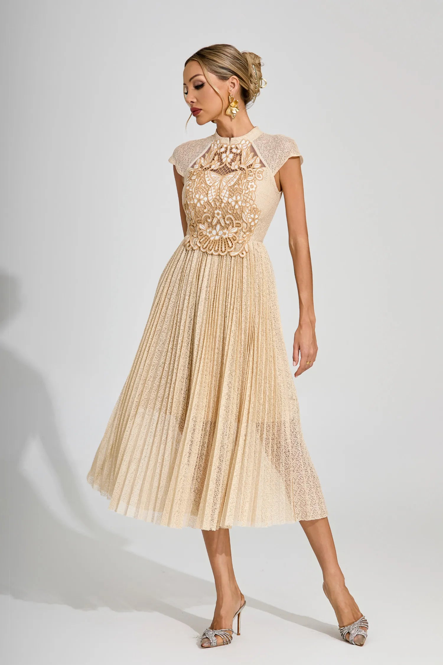 Alice Apricot Lace Embroidered Midi Dress