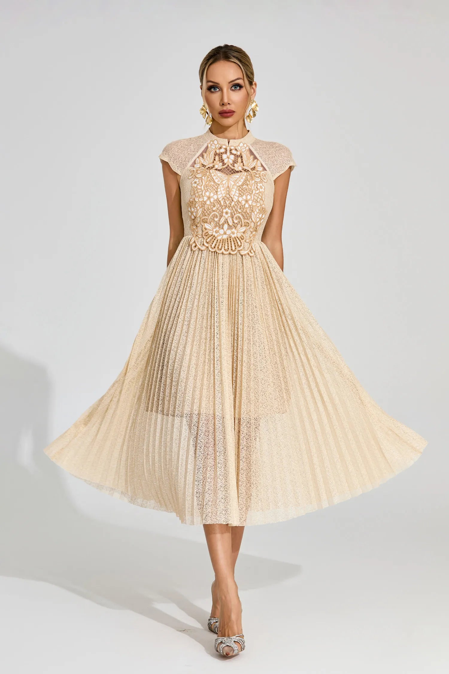 Alice Apricot Lace Embroidered Midi Dress