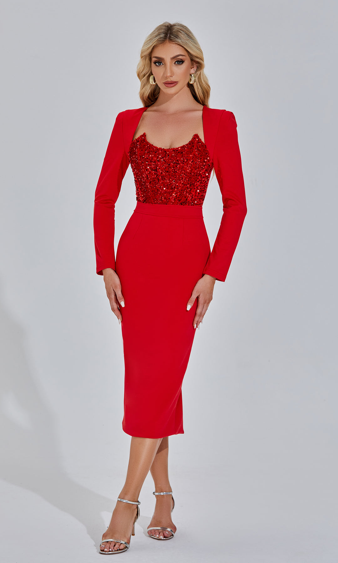 Roline Long Sleeve red midi dress