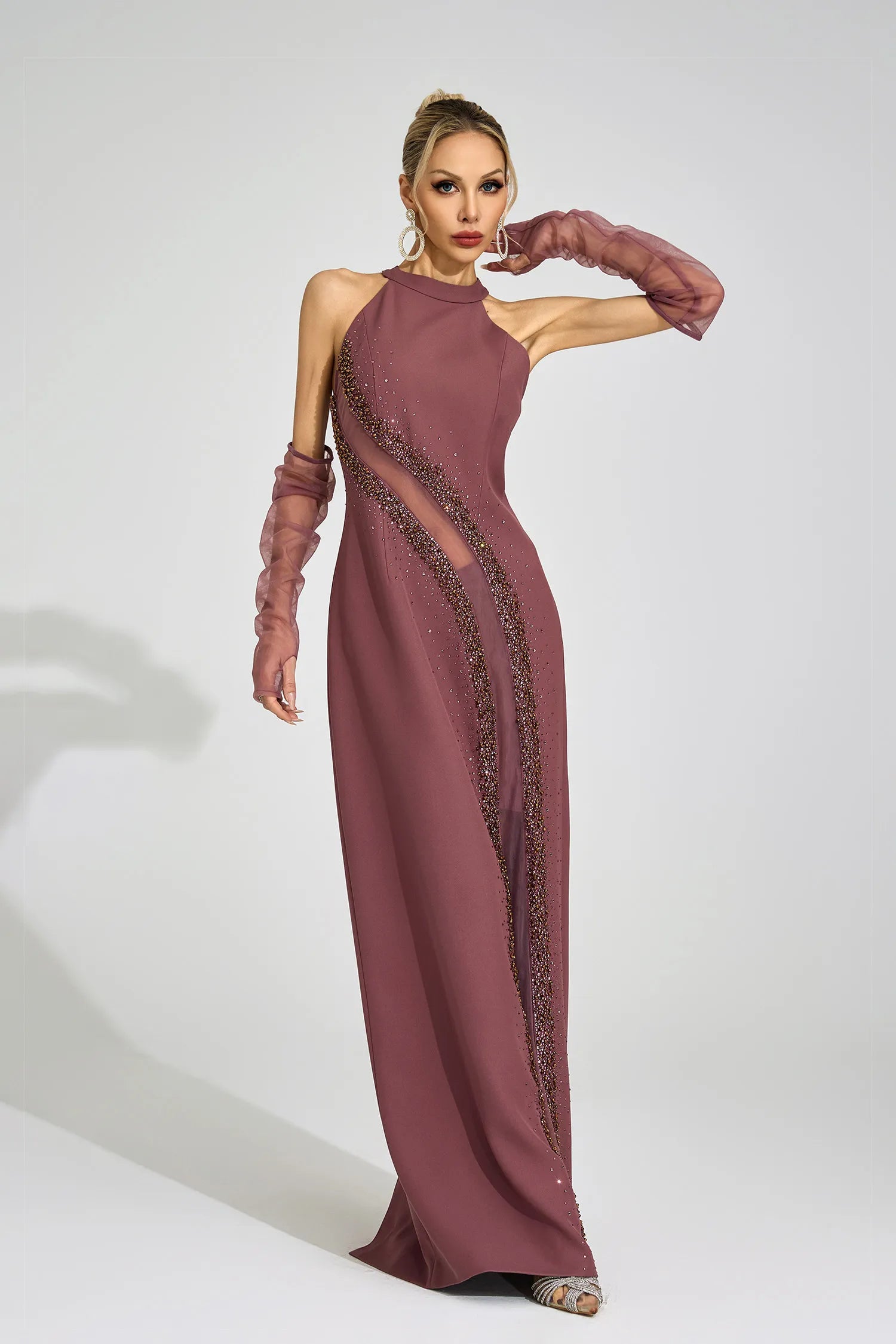 Nuvia Brown High Neck Maxi Dress
