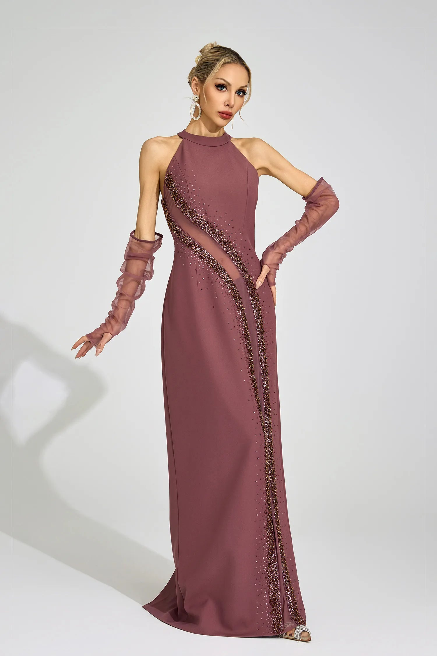 Nuvia Brown High Neck Maxi Dress