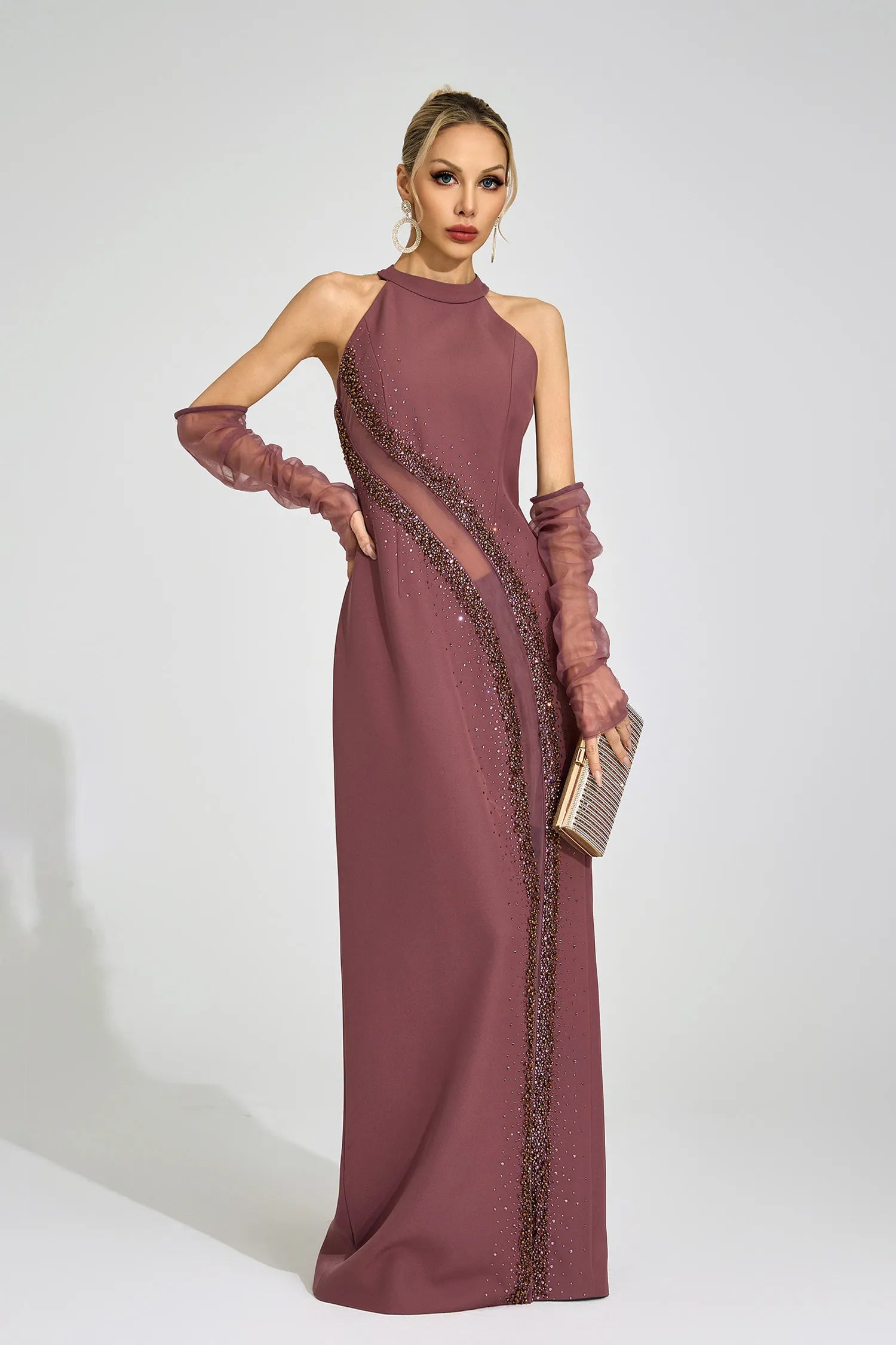 Nuvia Brown High Neck Maxi Dress