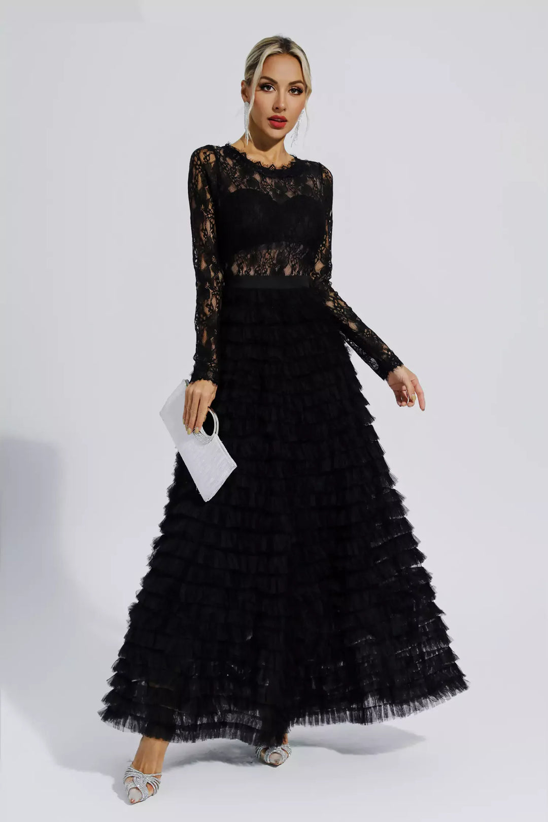 Jayleen Black Hollow Lace A-line Maxi Dress