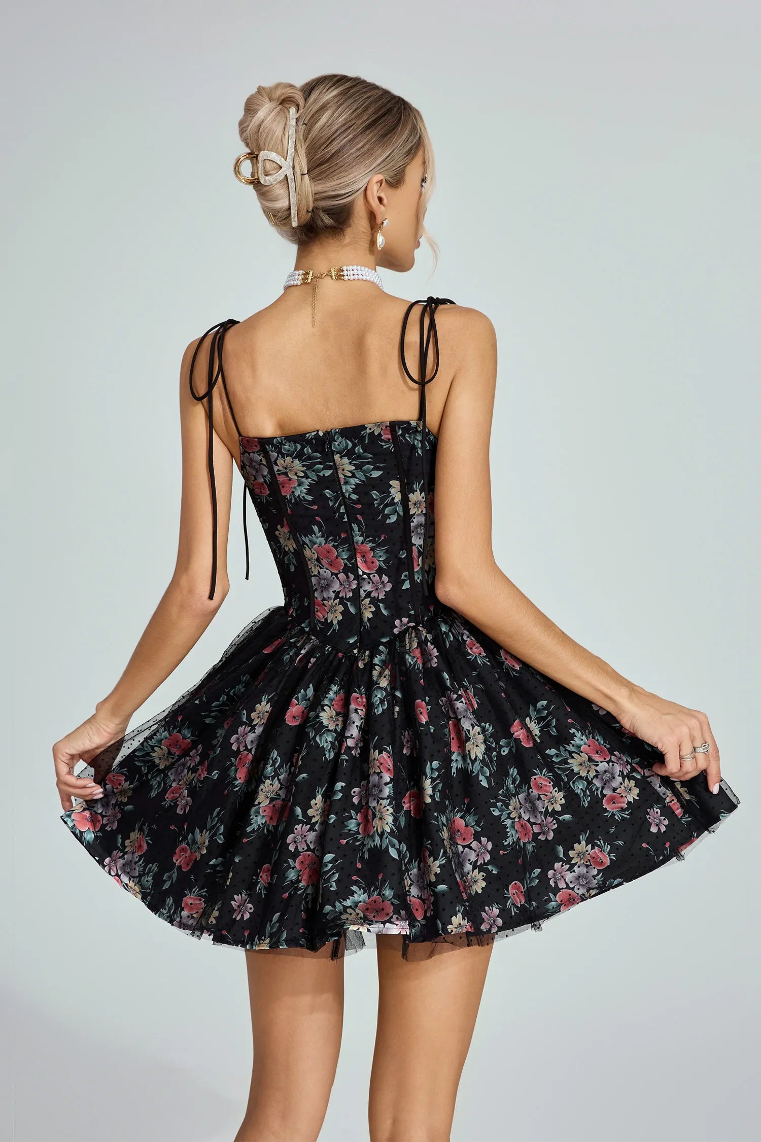 Marjolein Black Floral Tulle Mini Dress