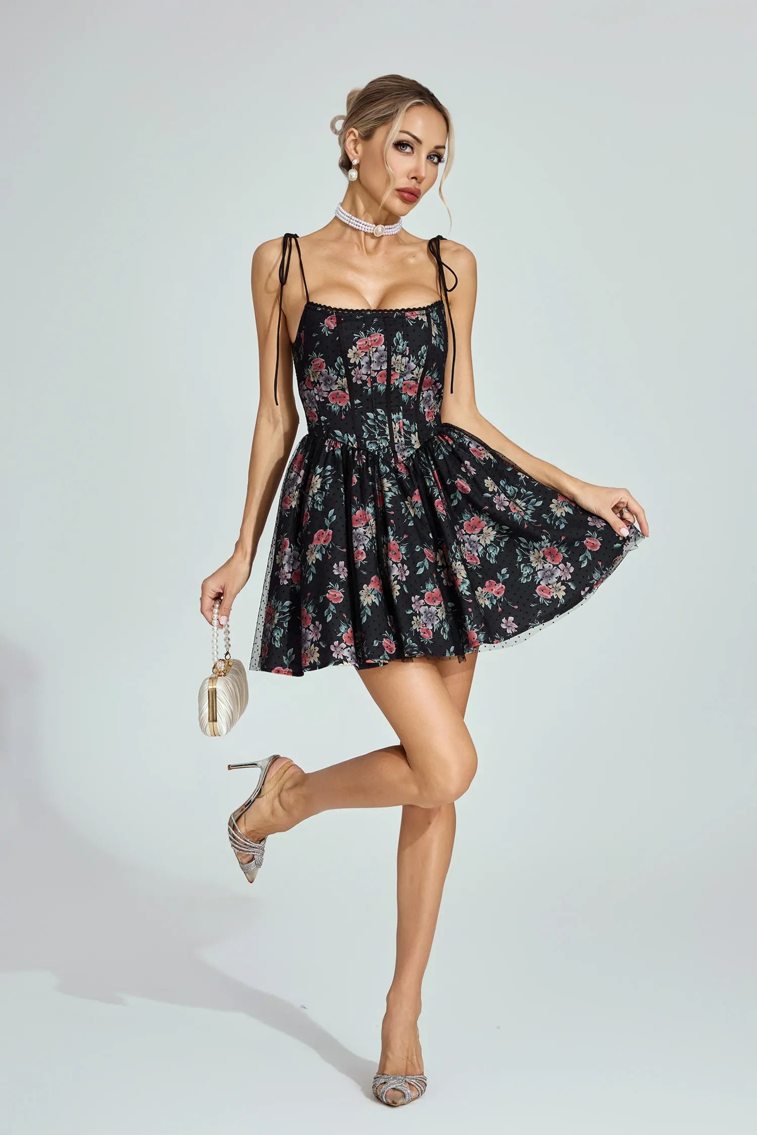 Marjolein Black Floral Tulle Mini Dress