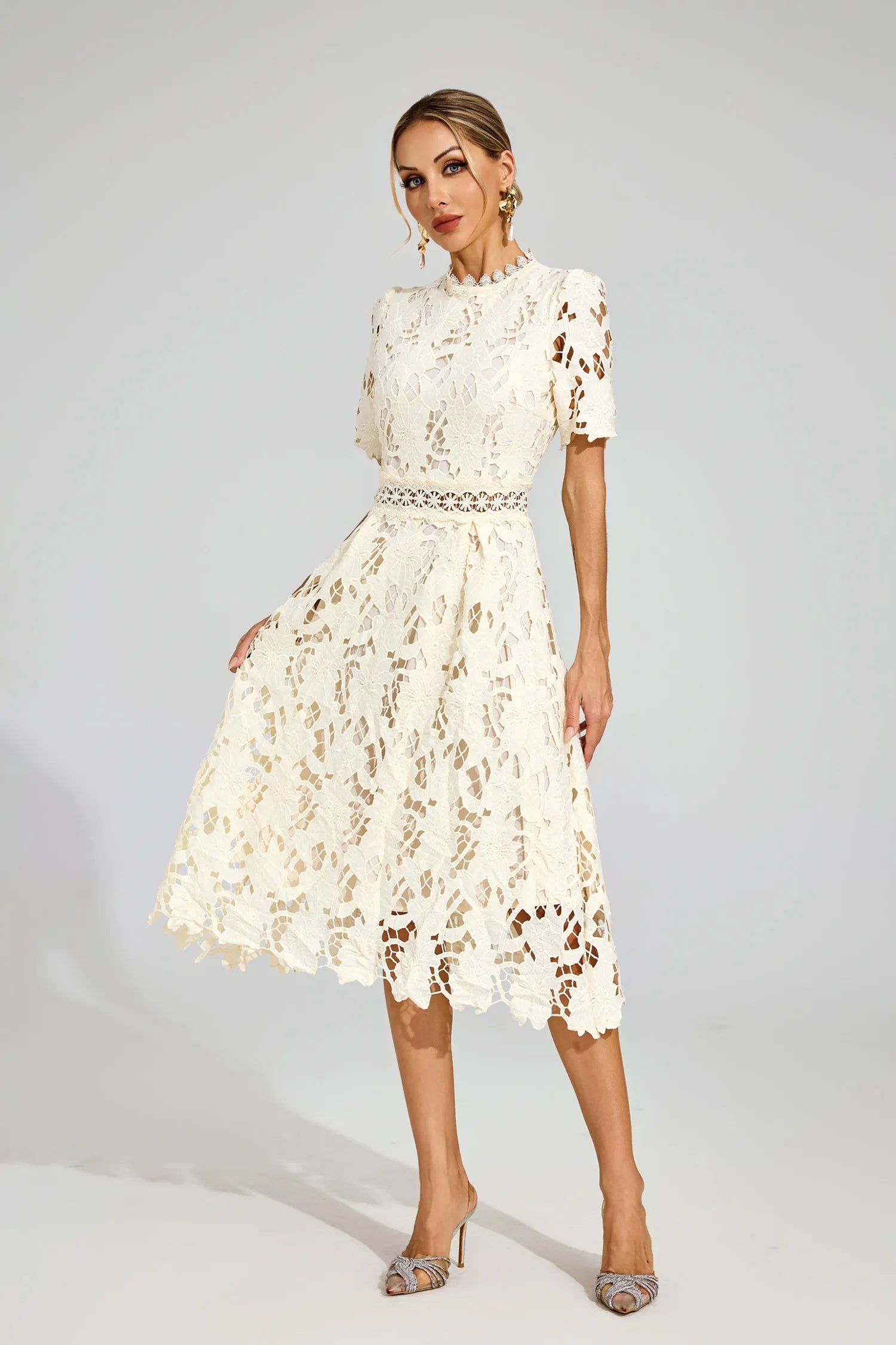 Joyce Apricot Lace Cut Out Midi Dress