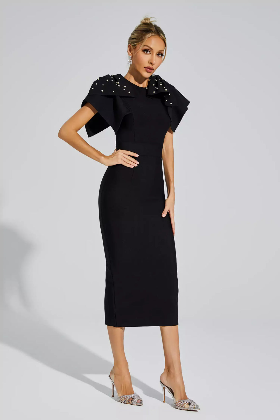 Kassidy Black Knitted Embellished Midi Dress