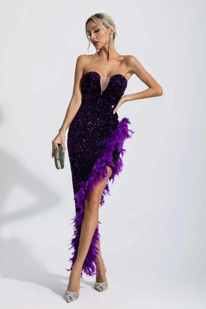 Kira Champagne Sequin Feather Maxi Dress