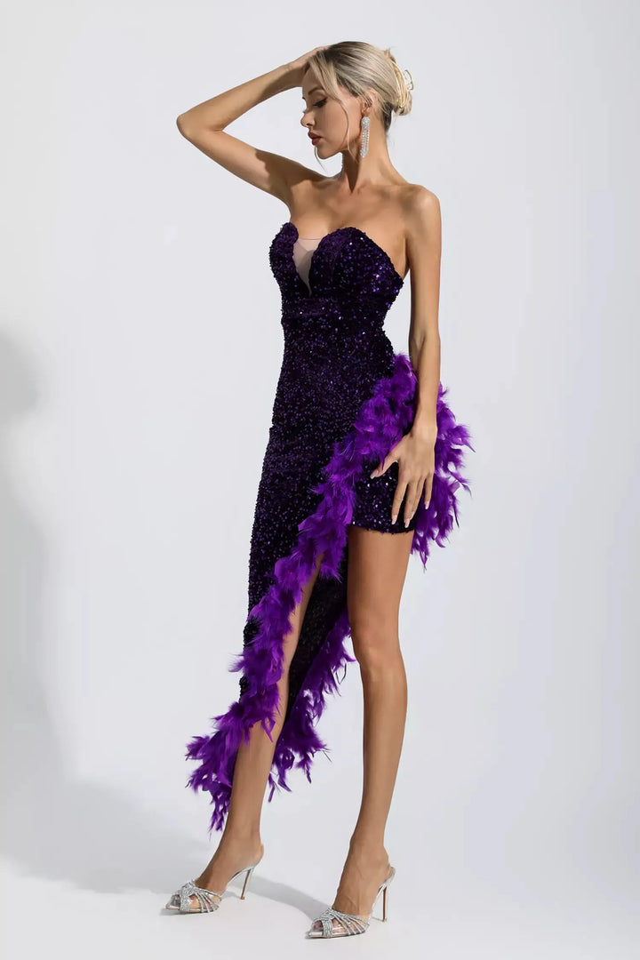 Kira Champagne Sequin Feather Maxi Dress