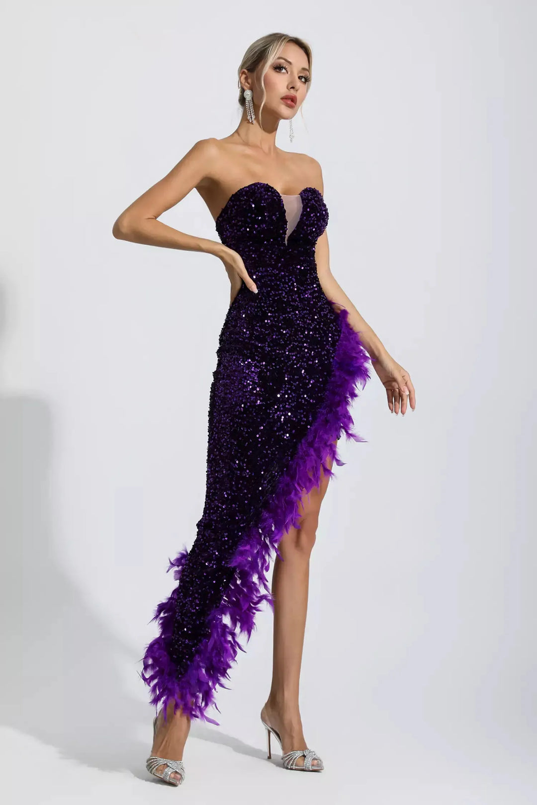 Kira Champagne Sequin Feather Maxi Dress