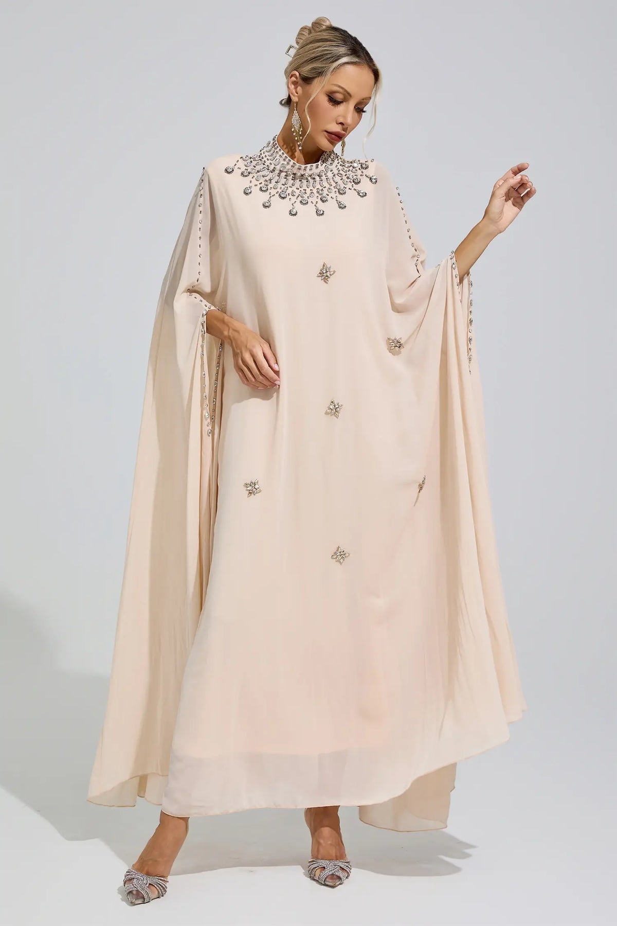 Odette Beige Rhinestone Hooded Maxi Dress