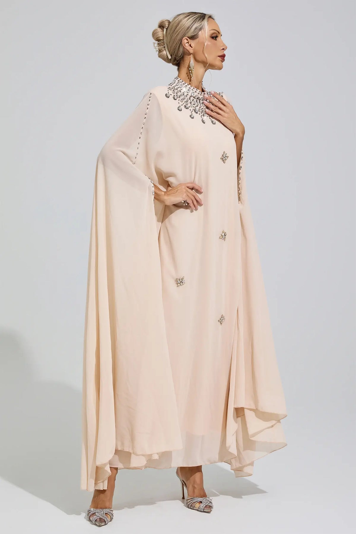 Odette Beige Rhinestone Hooded Maxi Dress