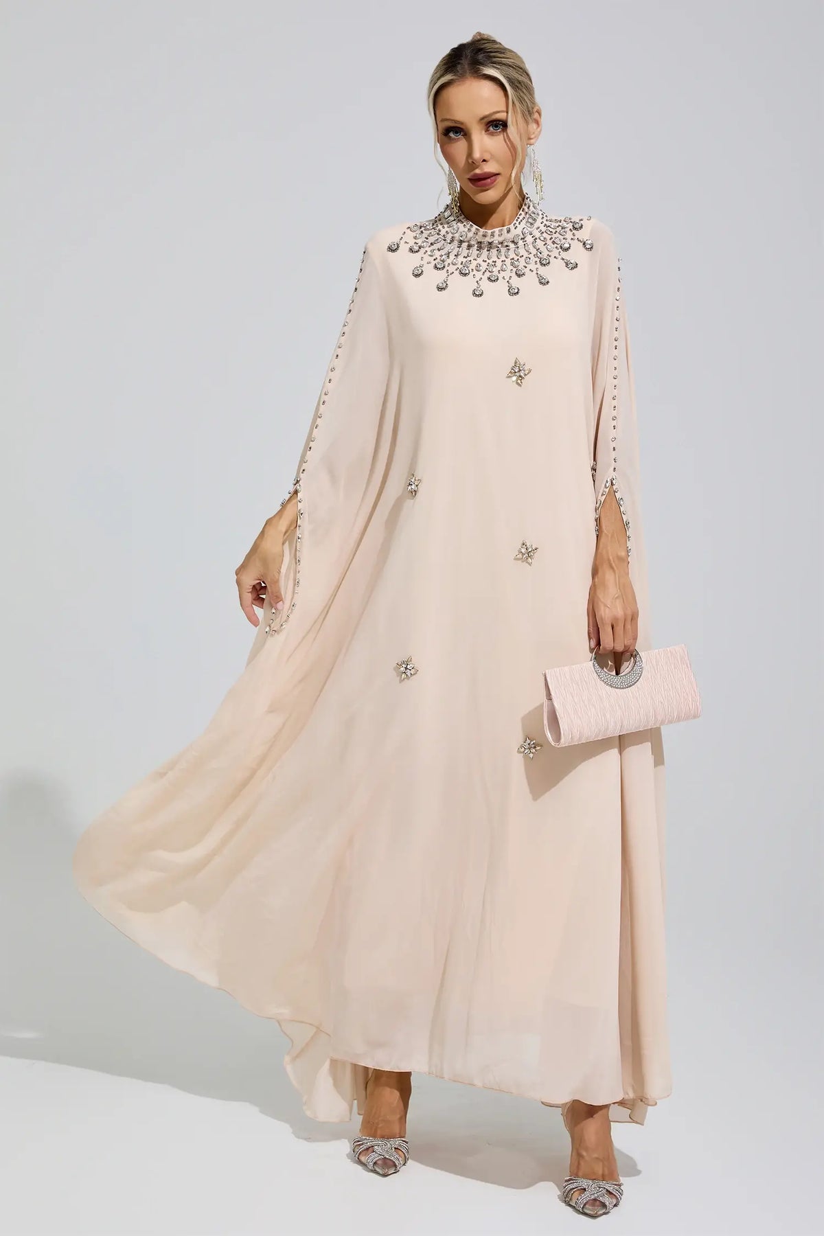 Odette Beige Rhinestone Hooded Maxi Dress