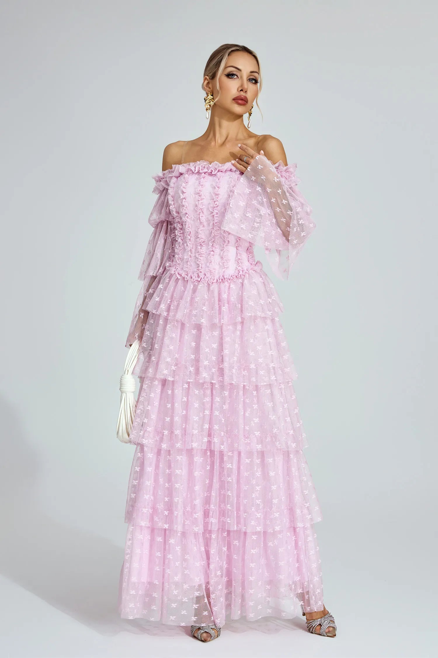 Morgan Pink Mesh Tiered Maxi Dress