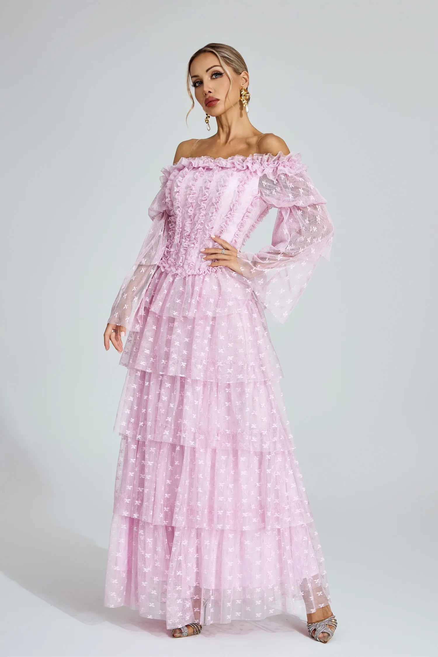 Morgan Pink Mesh Tiered Maxi Dress
