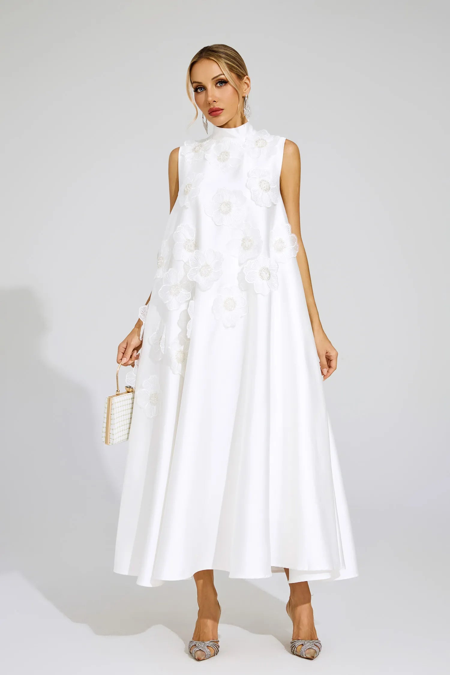 Liora White Flowers Sleeveless Maxi Dress