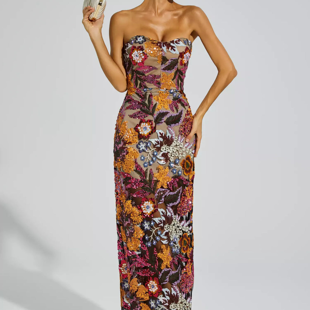 Leanna Orange Flower Embroidered Maxi Dress