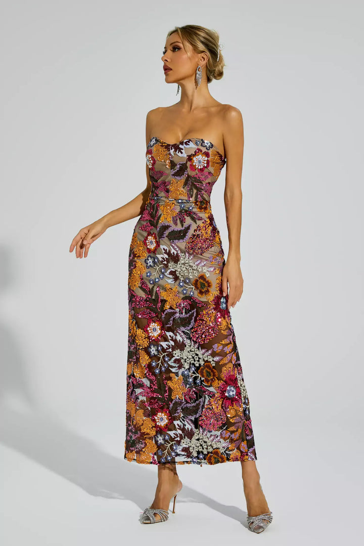 Leanna  Red Flower Embroidered Maxi Dress