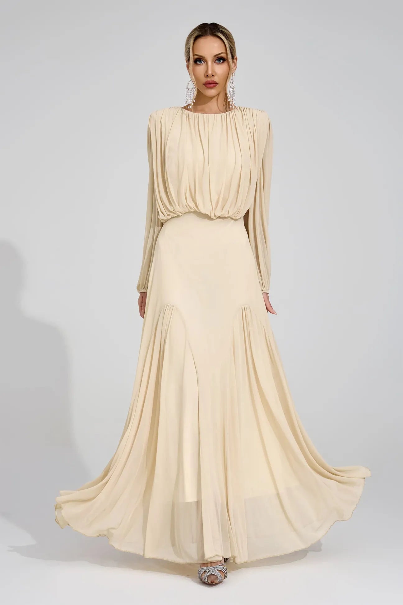 Calypso Beige Pleated Maxi Dress