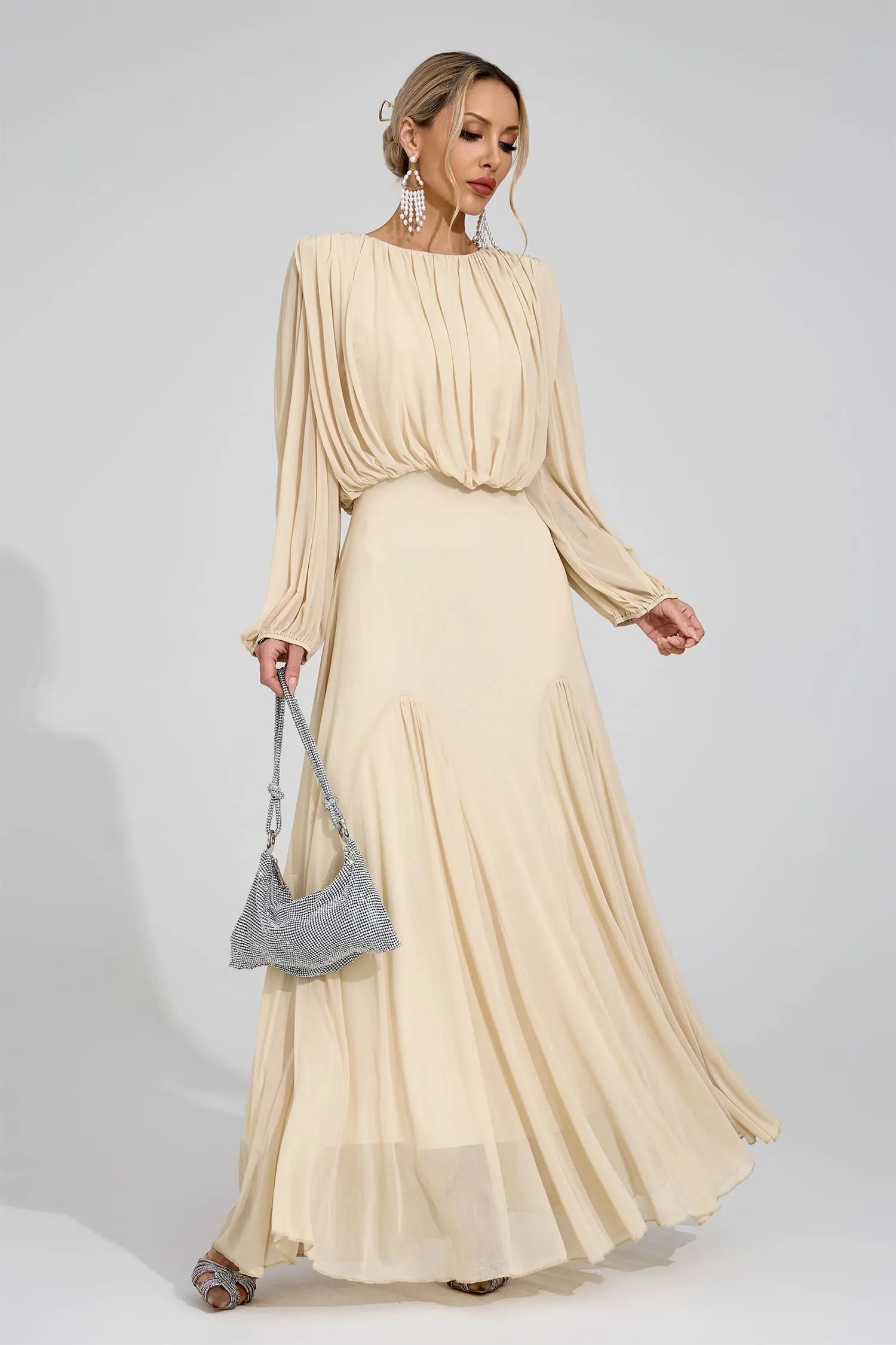 Calypso Beige Pleated Maxi Dress