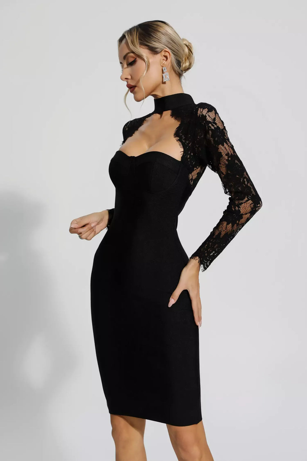 Liv Black Lace Sleeve Bandage Midi Dress