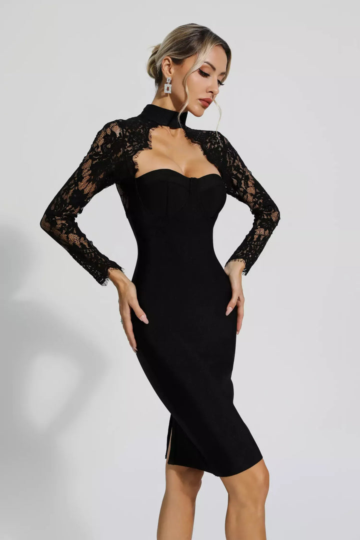 Liv Black Lace Sleeve Bandage Midi Dress