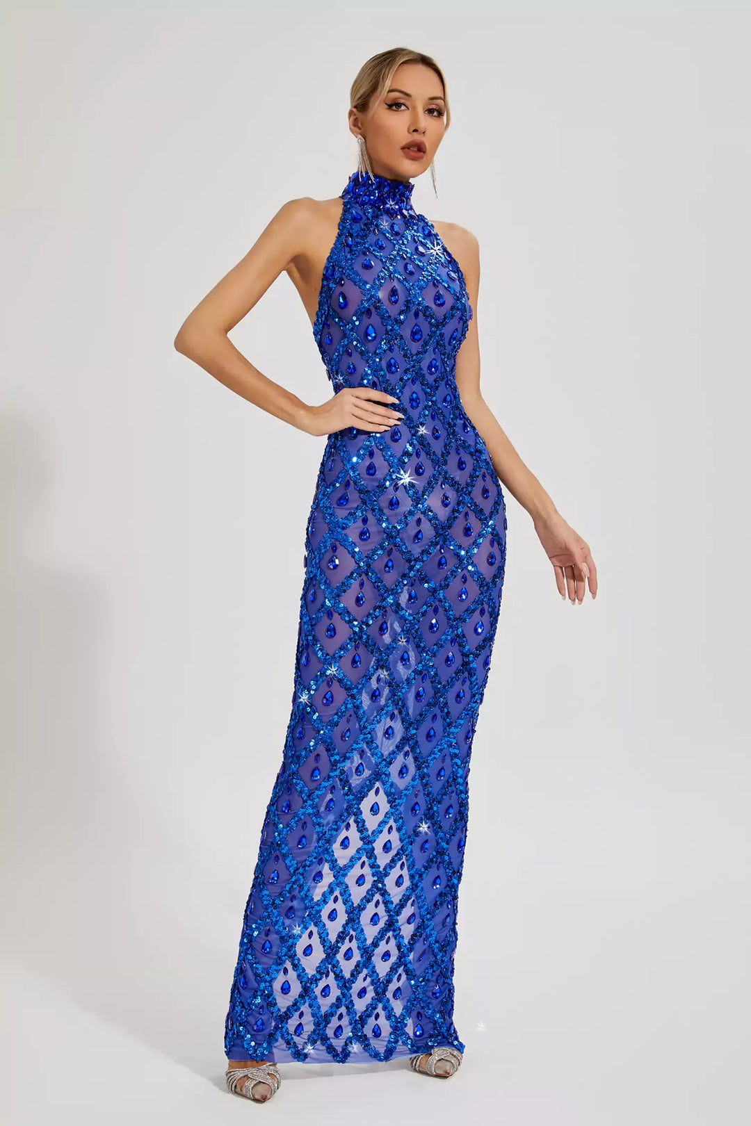 Louise Blue Diamond Maxi Dress(No lining)