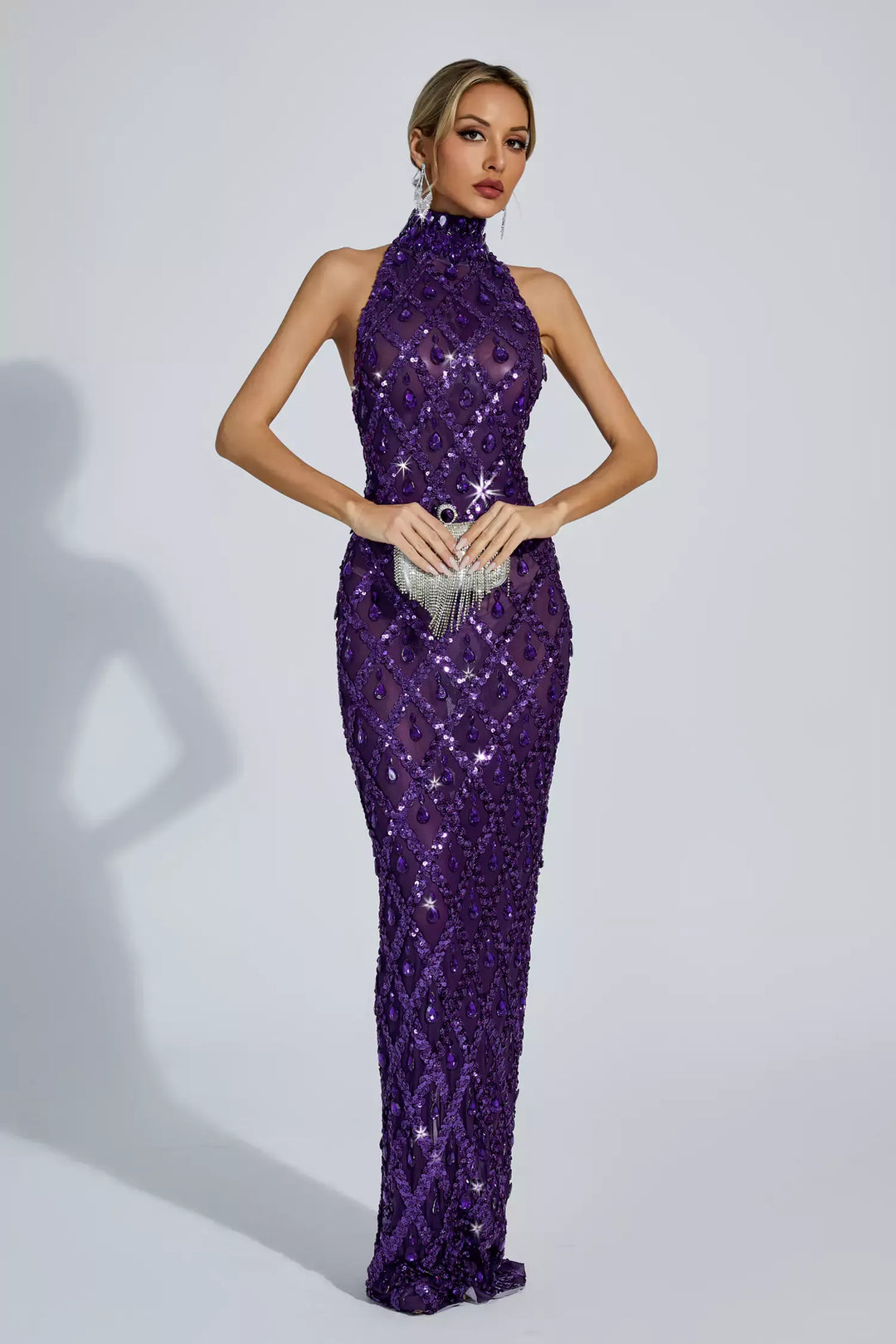 Louise Purple Diamond Maxi Dress(No Lining)