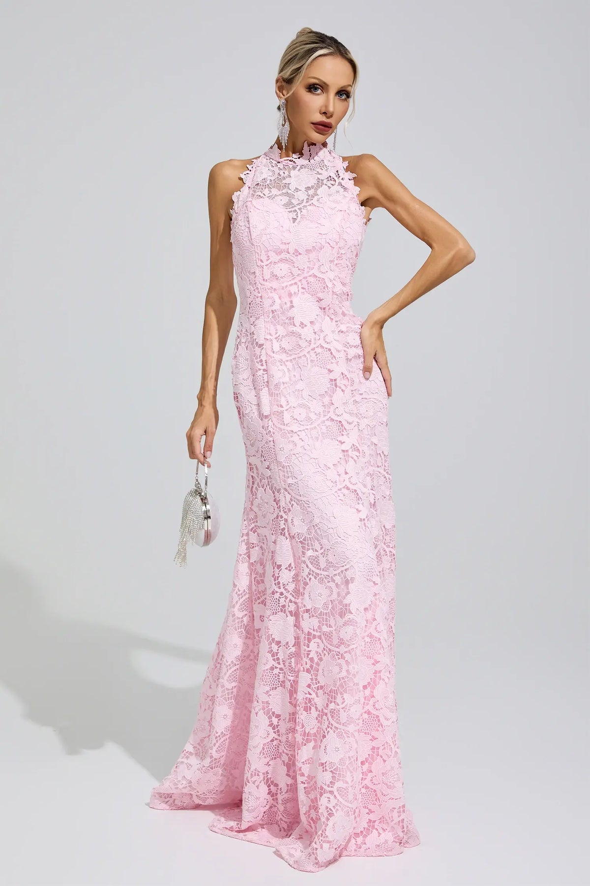 Ottavia Pink Sleeveless Lace Bodycon Maxi Dress