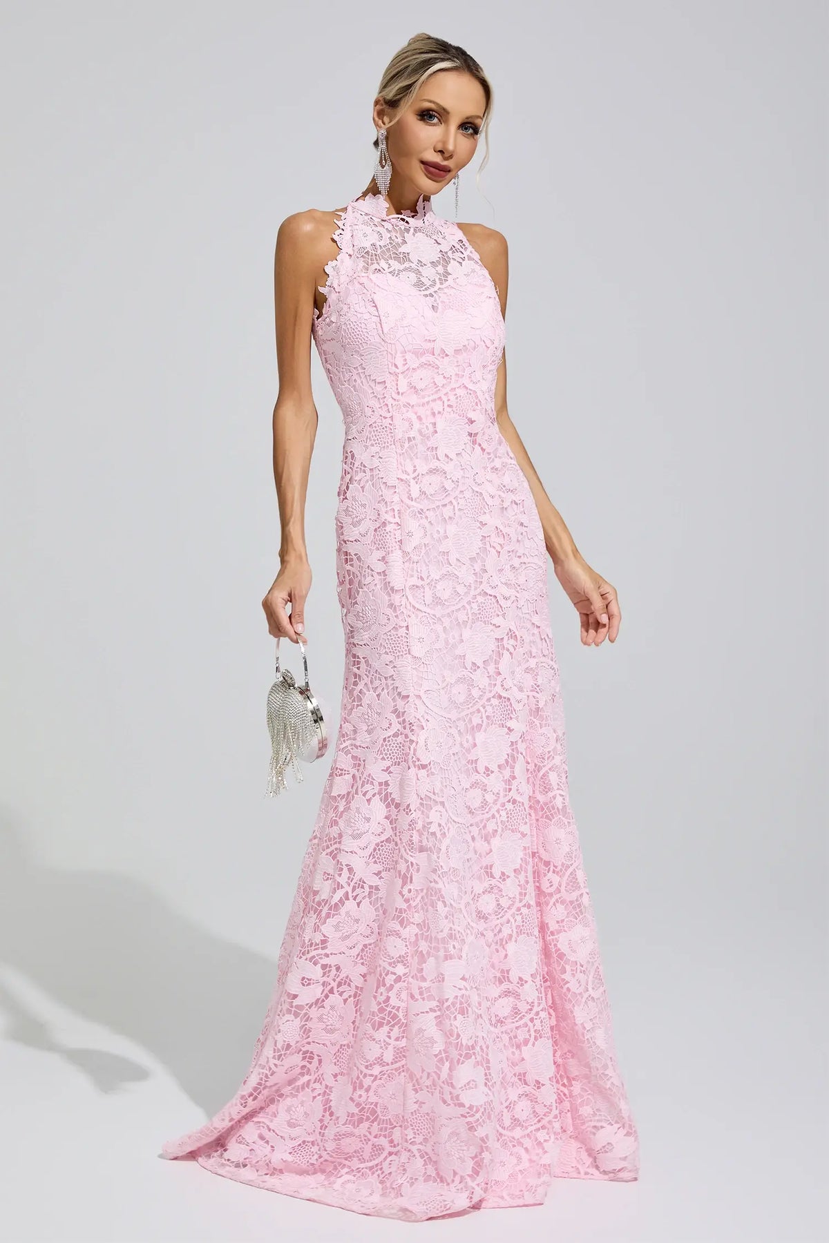 Ottavia Pink Sleeveless Lace Bodycon Maxi Dress