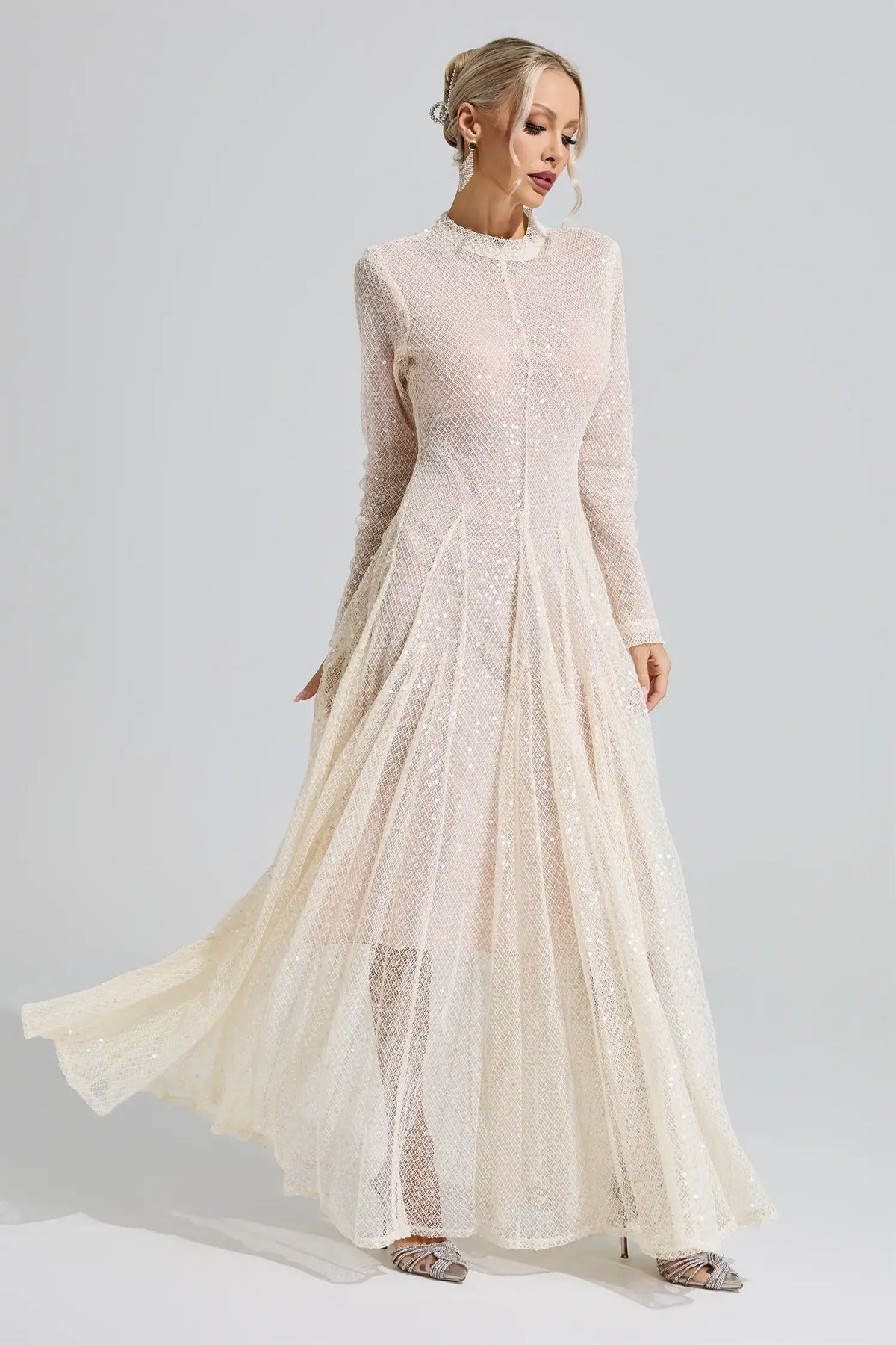 Alessandra Beige Sequin Maxi Dress