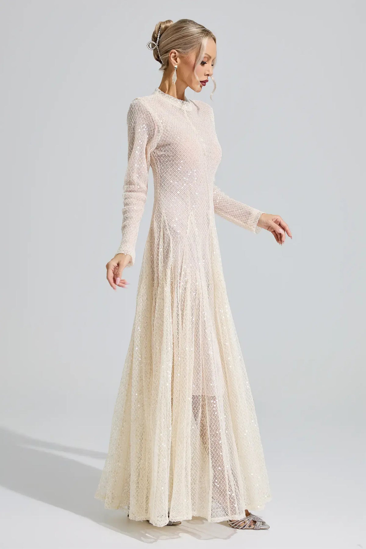 Alessandra Beige Sequin Maxi Dress