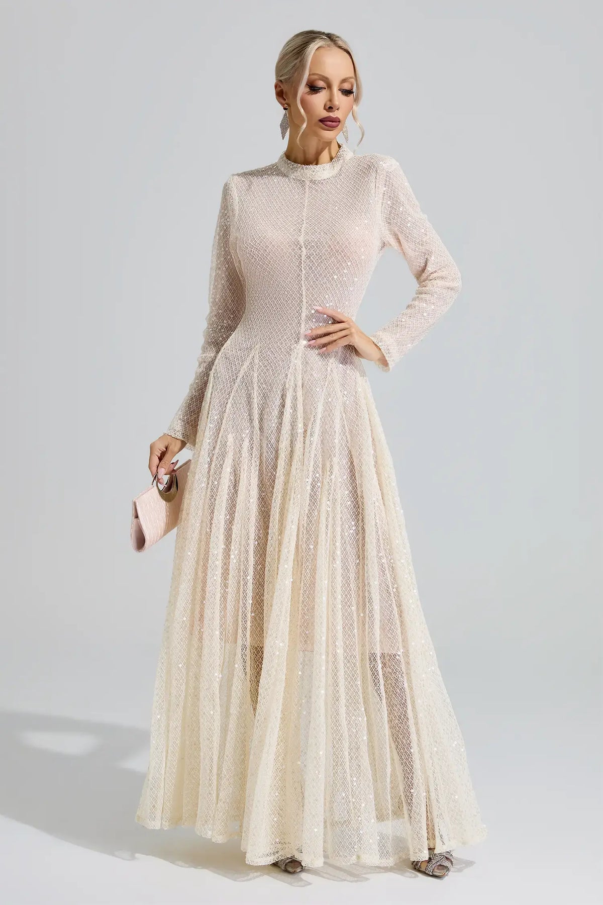 Alessandra Beige Sequin Maxi Dress