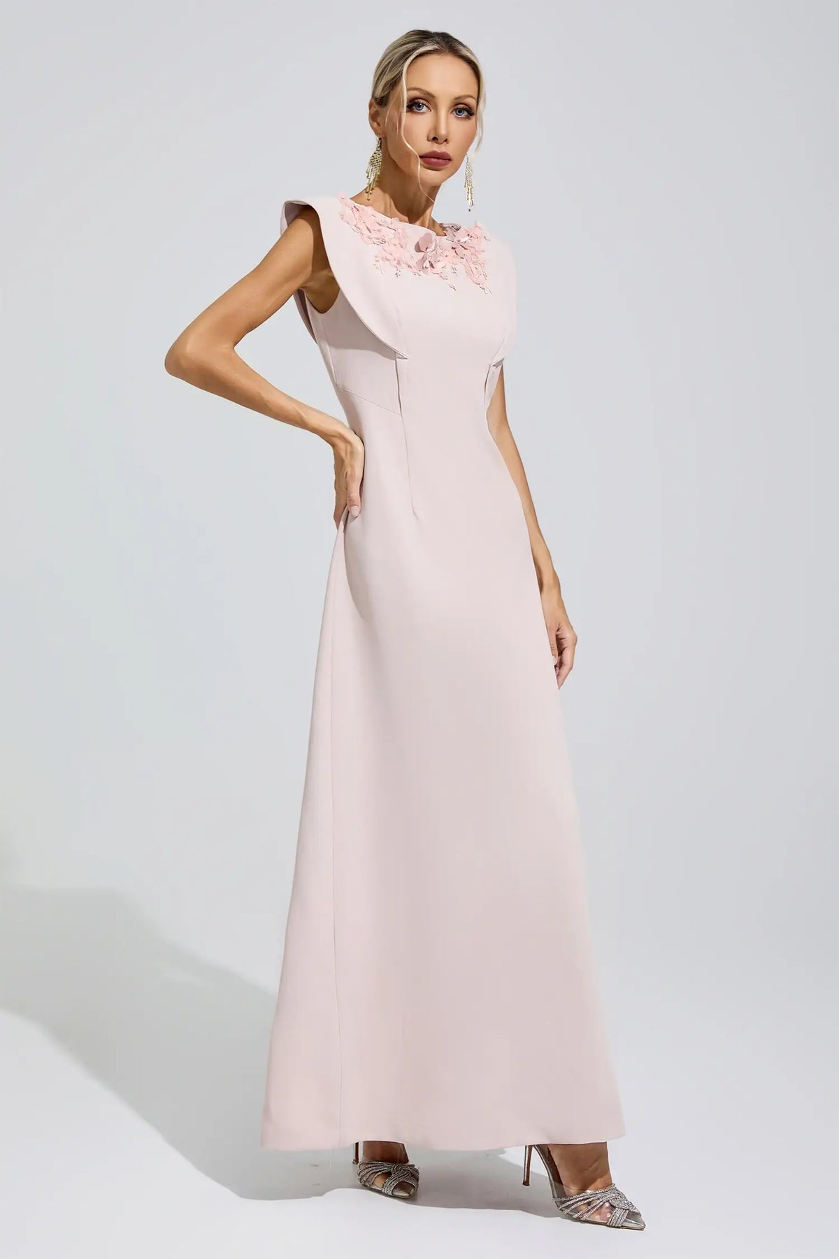 Calista Pink Sleeveless Beaded Maxi Dress