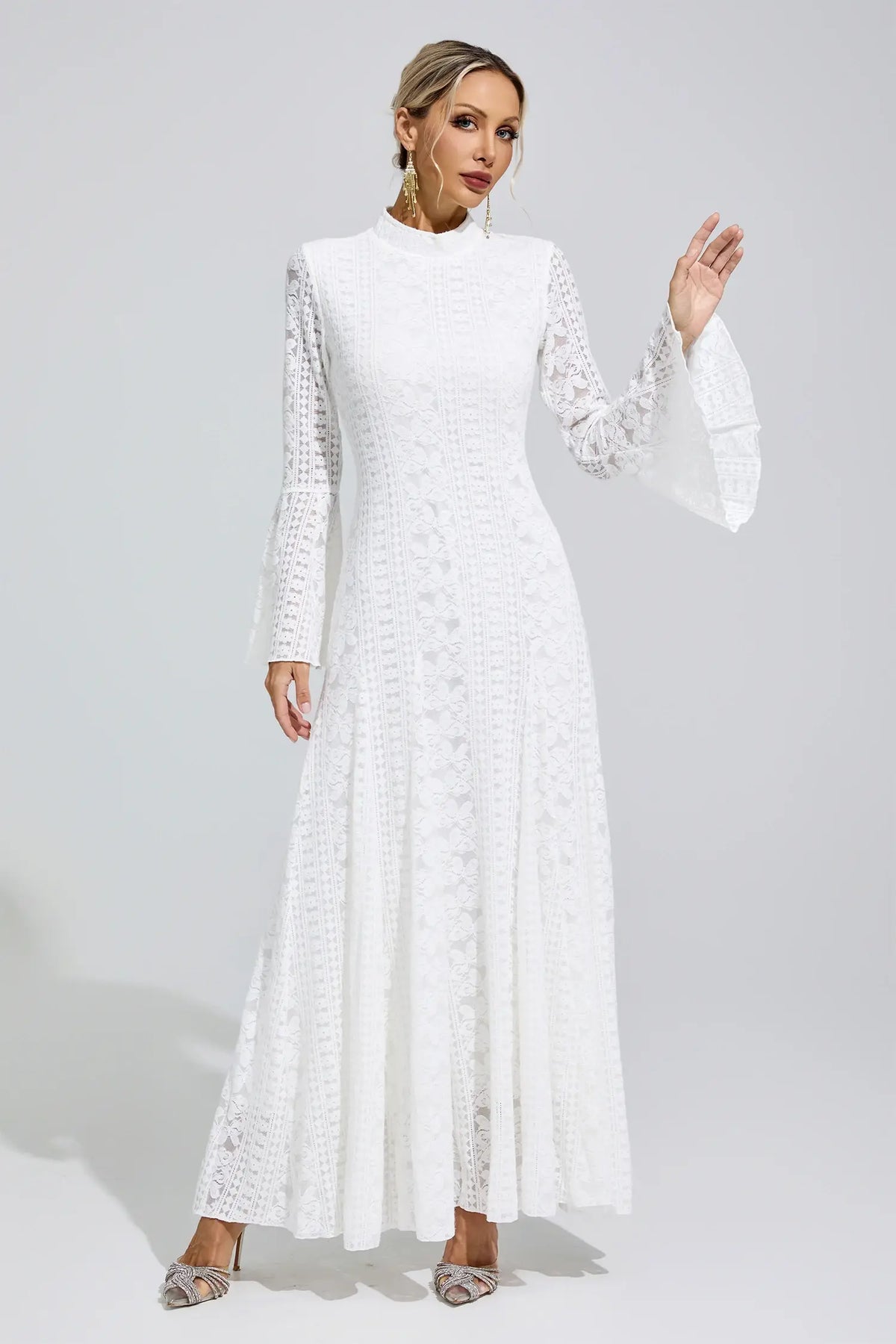 Chérie White Flared Sleeve Embroidered Maxi Dress