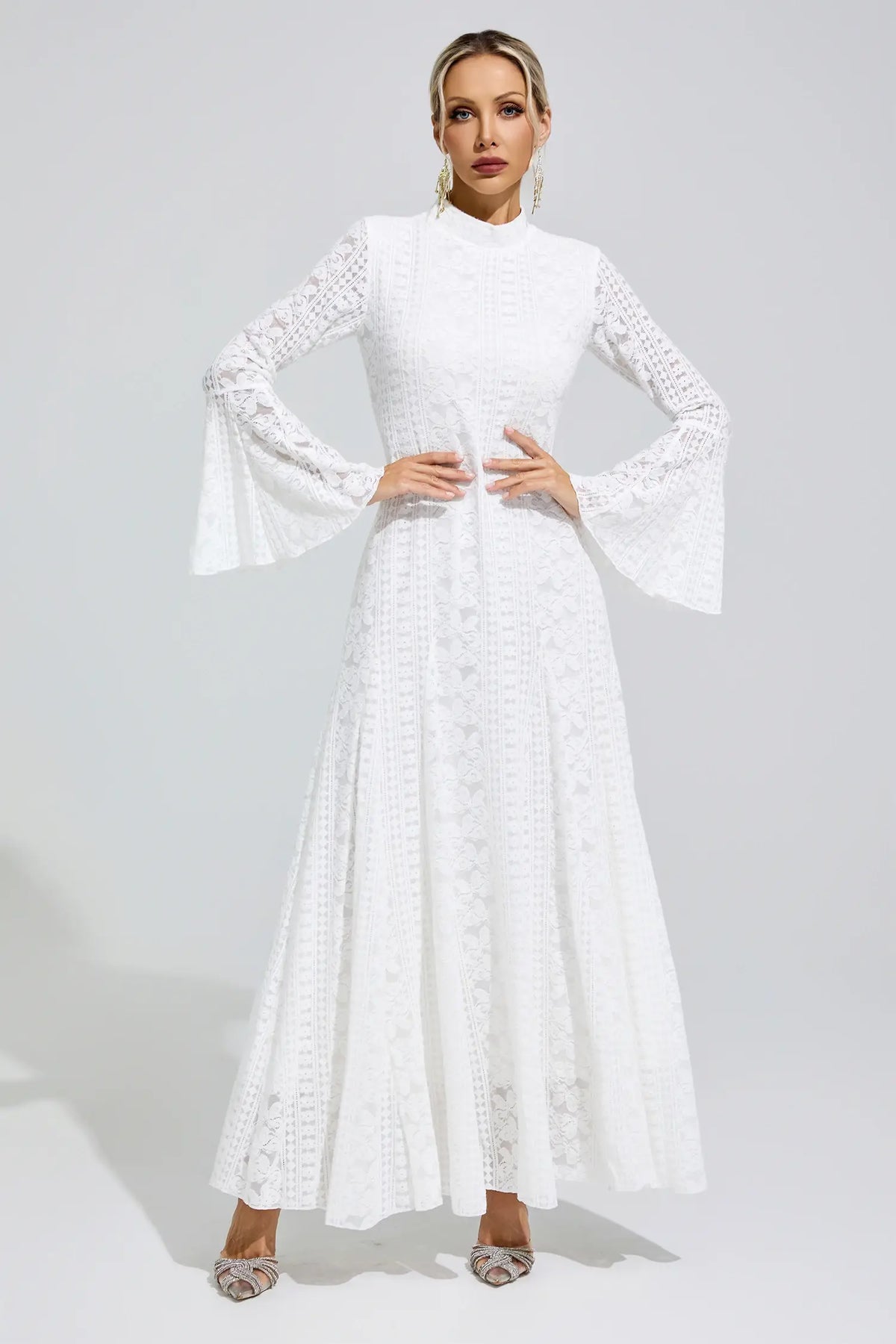 Chérie White Flared Sleeve Embroidered Maxi Dress