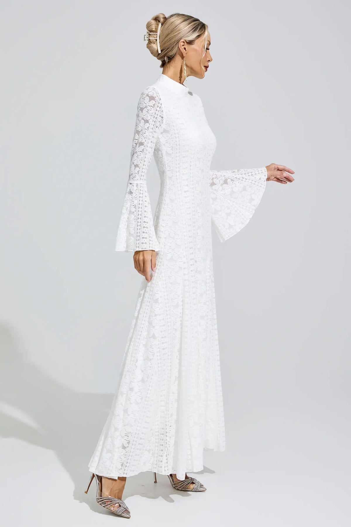 Chérie White Flared Sleeve Embroidered Maxi Dress