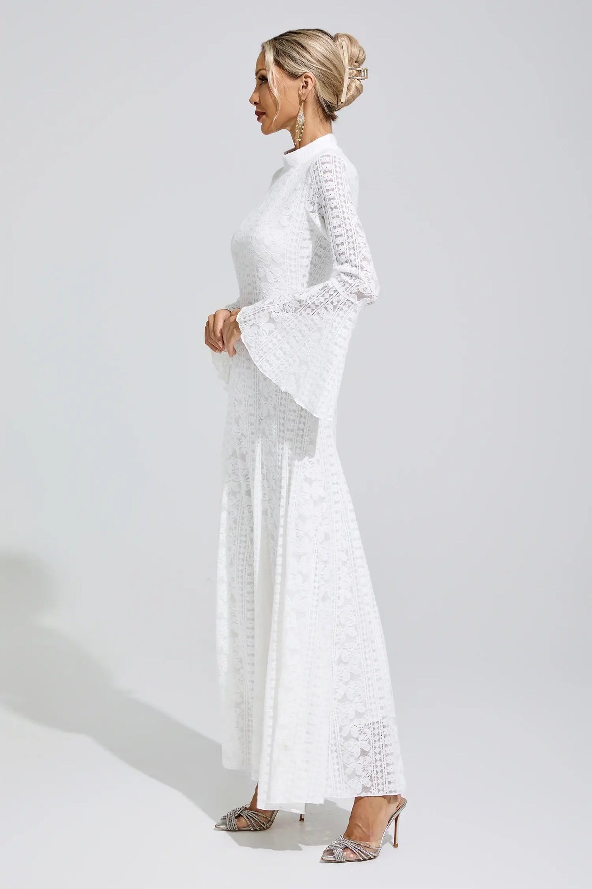 Chérie White Flared Sleeve Embroidered Maxi Dress