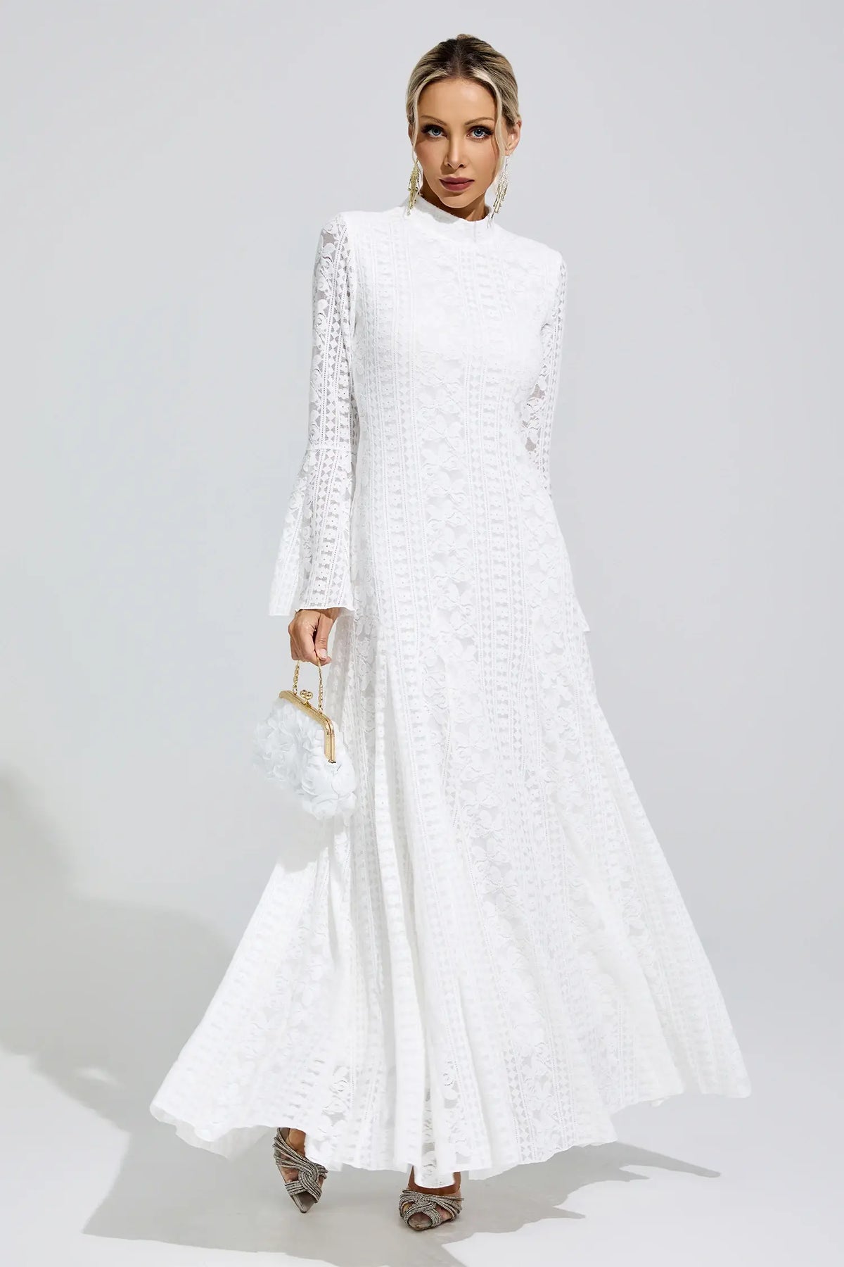 Chérie White Flared Sleeve Embroidered Maxi Dress