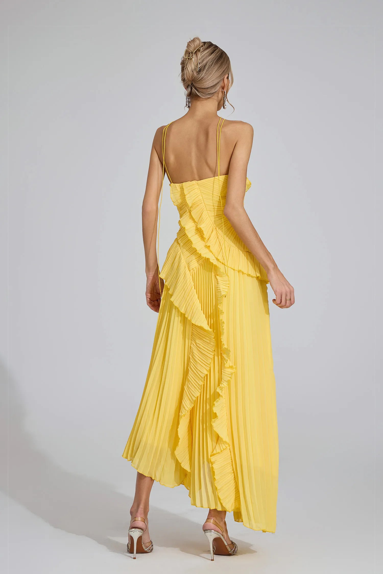 Dravina Yellow Asymmetric Pleated Halter Maxi Dress