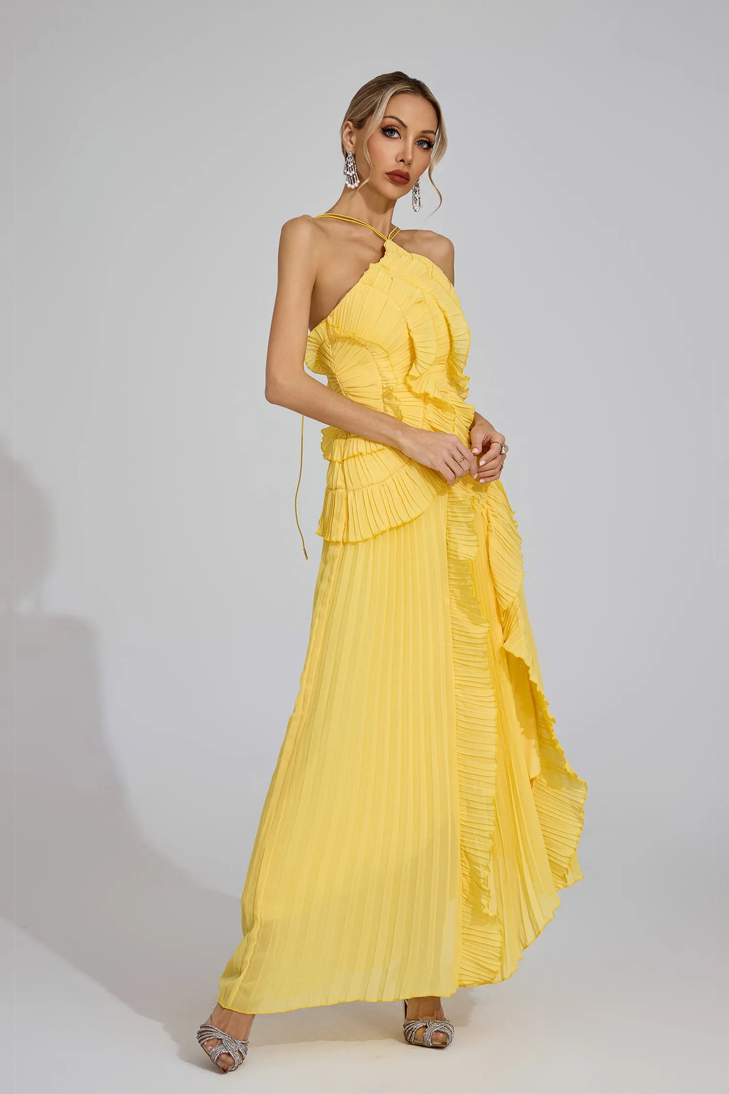 Dravina Yellow Asymmetric Pleated Halter Maxi Dress